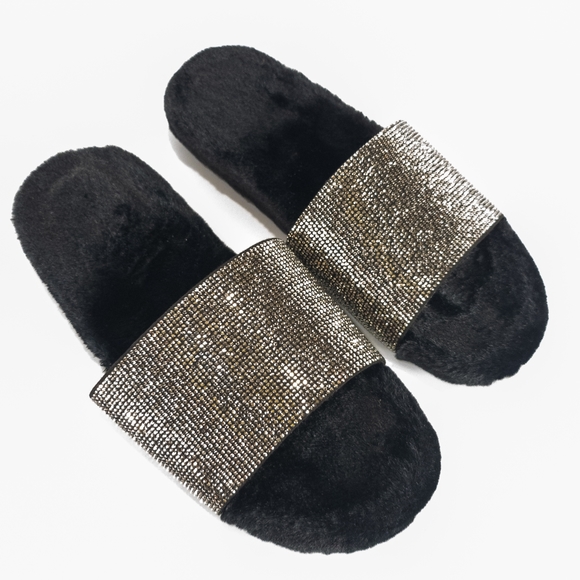 INC International Concepts Feymin Faux Fur Slide Slippers Black -9 - Picture 3 of 4